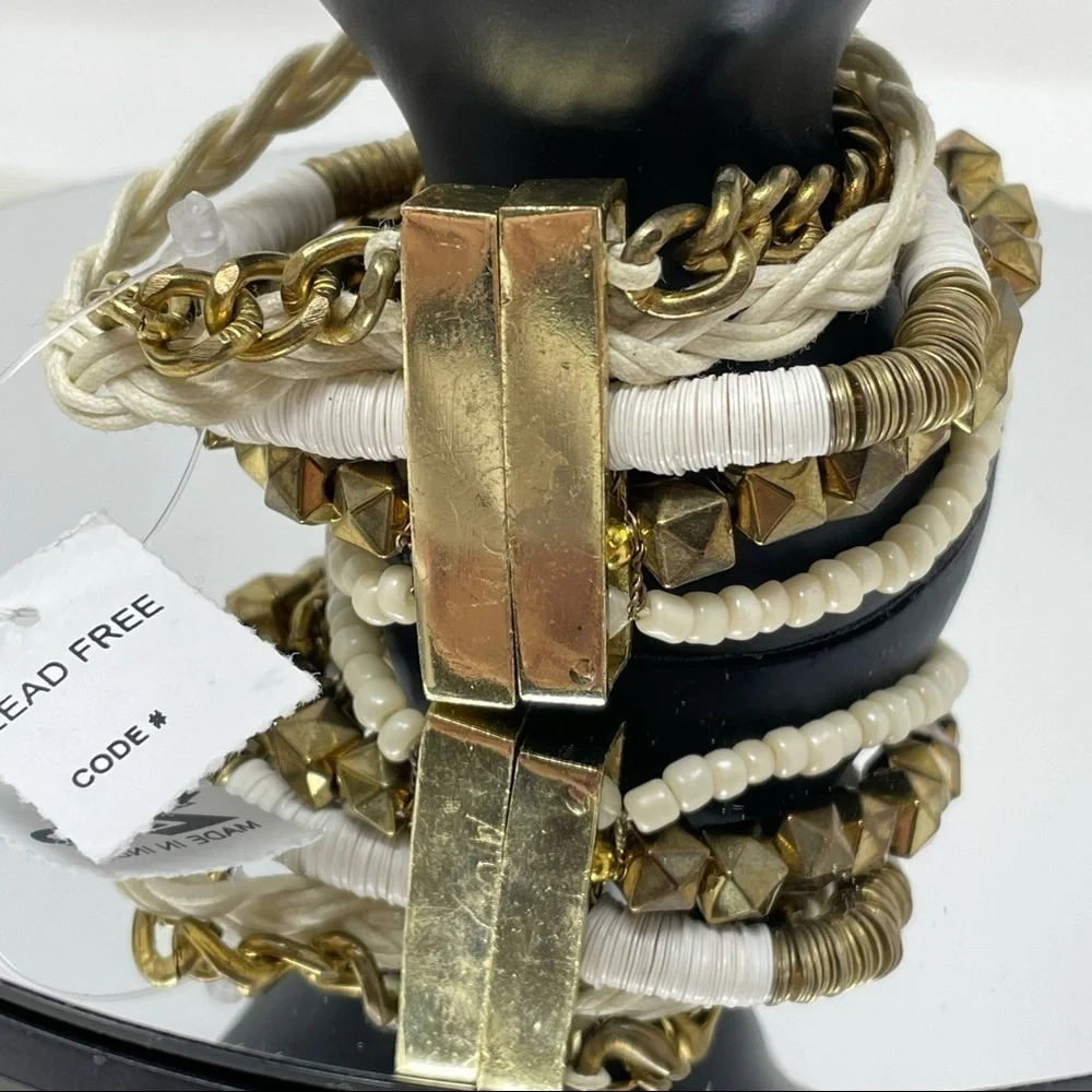 🌺 ZAD Boho Layered Chain Beaded Bracelet Gold White Neutral Multi Strand NWT